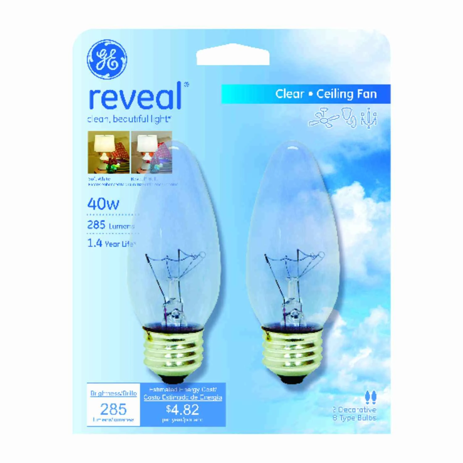 GE reveal 40 watts B13 Incandescent Bulb 285 lumens Soft White Decorative 2 pk