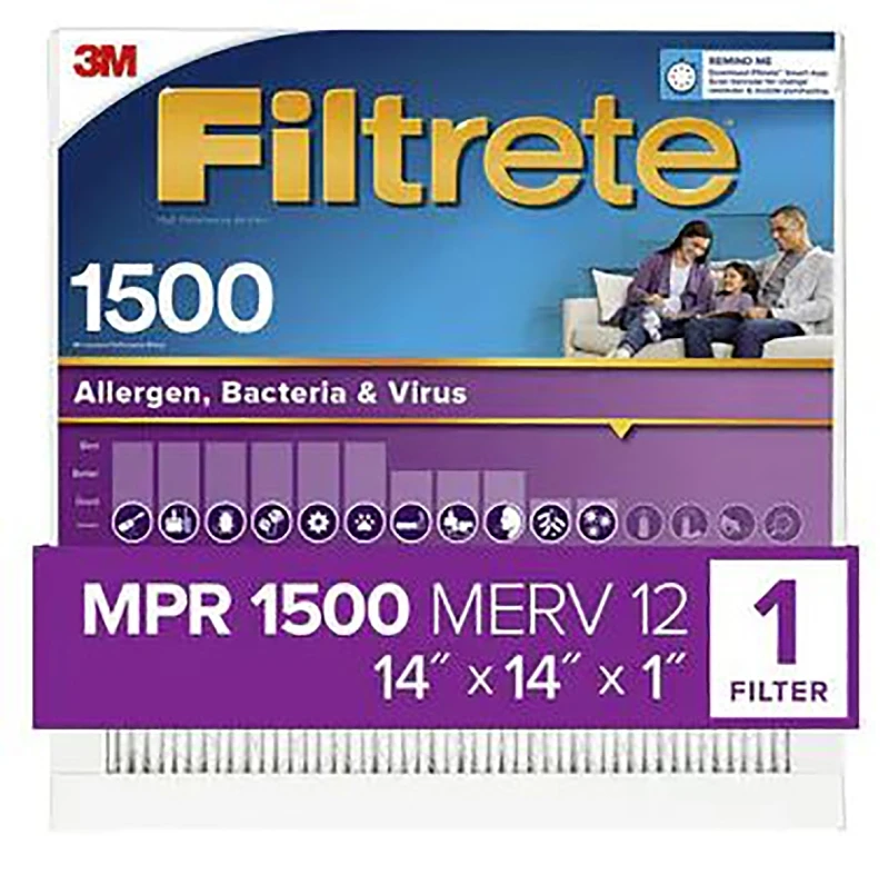 14x14x 1 In. Ultra Allergen Pleated Furnace Air Filter, Purple, MPR 1500, 3 Months