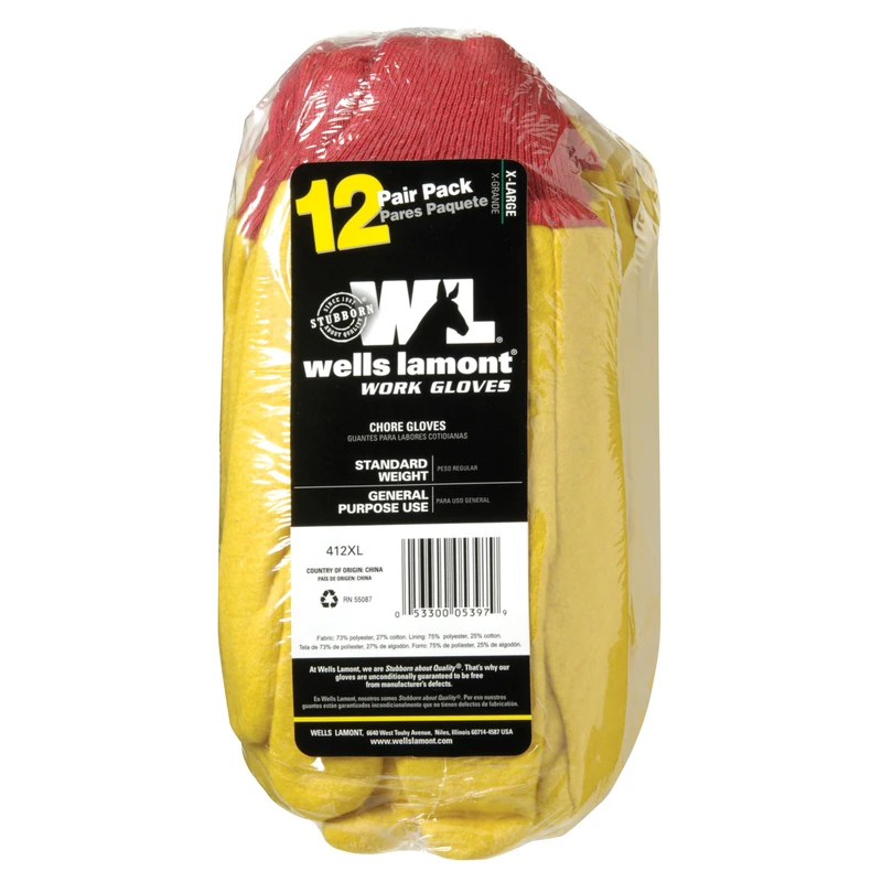 Wells Lamont Men's Cotton General Purpose Chore Gloves Yellow XL 12 pk