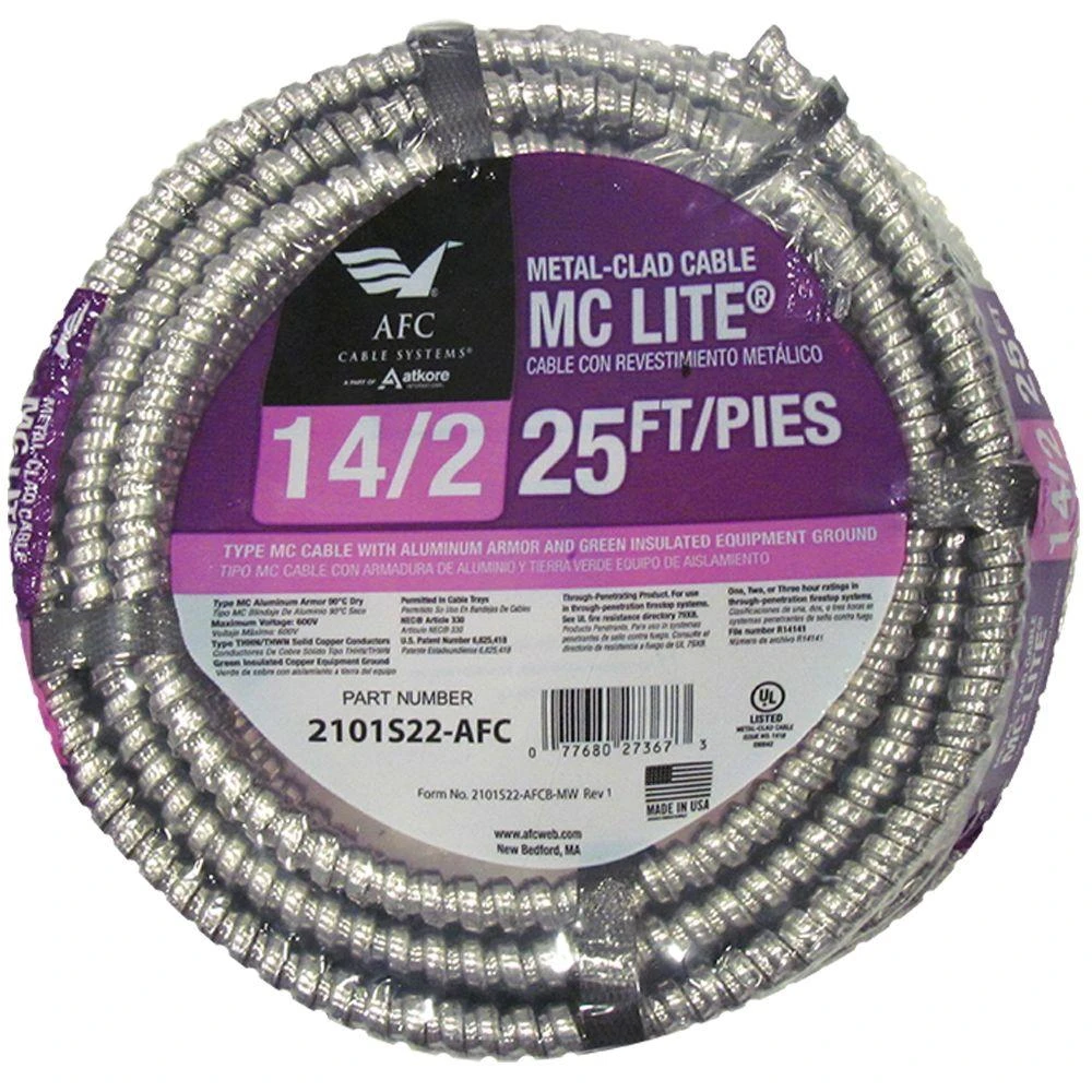 14/2 X 25 Ft. Solid Metal Clad Cable With Green Ground
