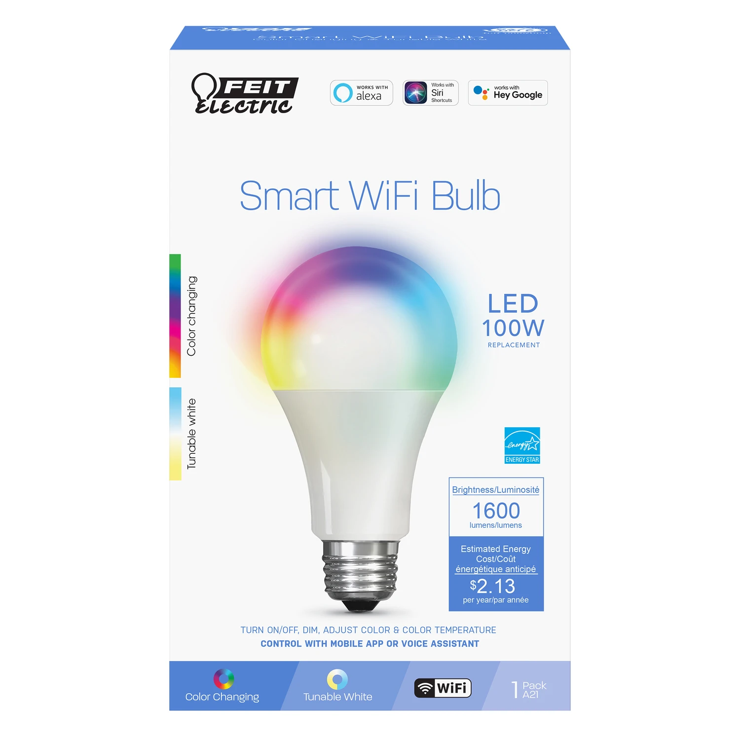 Feit Smart Home A21 E26 (Medium) Smart-Enabled LED Bulb Color Changing 100 Watt Equivalence 1 pk