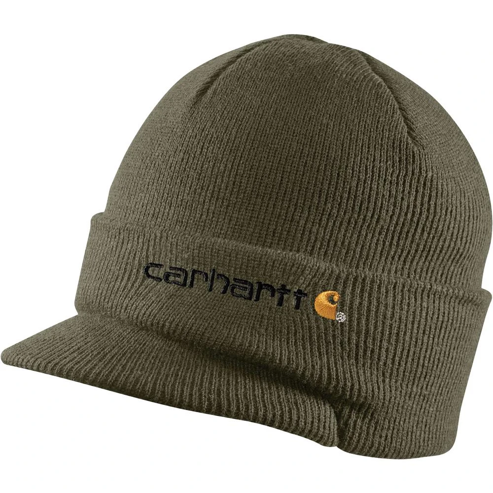 Men's Carhartt Army Green Acrylic Knit Hat With Visor, Model A164-arg