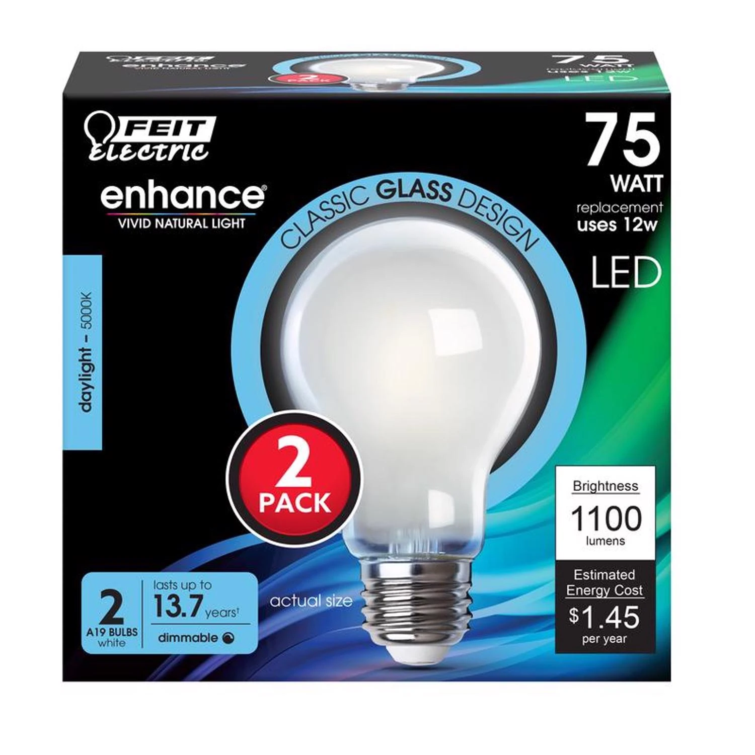 Feit Enhance A19 E26 (Medium) Filament LED Bulb Daylight 75 Watt Equivalence 2 pk