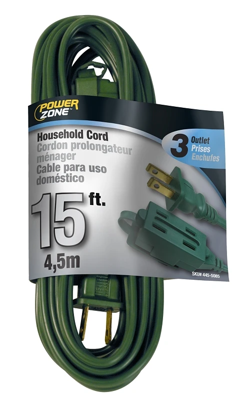16 Awg 3-outlet Indoor Extension Cord, 15 Feet, Green