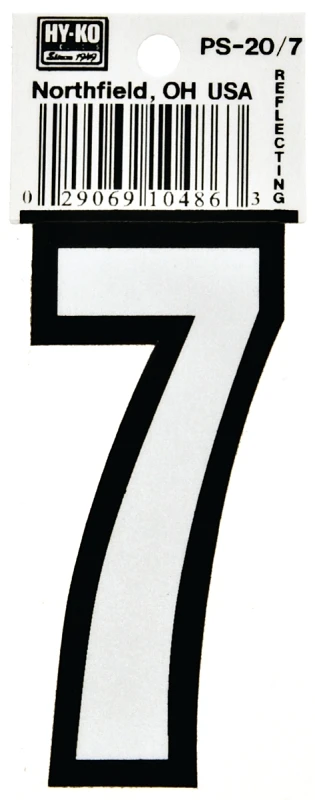 Hy-Ko PS-20/7 Reflective Sign, Character: 7, 3-1/4 in H Character, Black/White Character, Vinyl