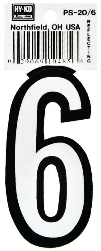 Hy-Ko PS-20/6 Reflective Sign, Character: 6, 3-1/4 in H Character, Black/White Character, Vinyl