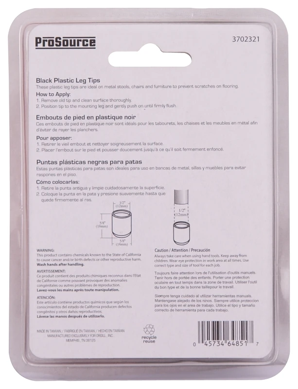 Prosource 3702321 0.5 in. Furniture Leg Tip - Plastic, Black