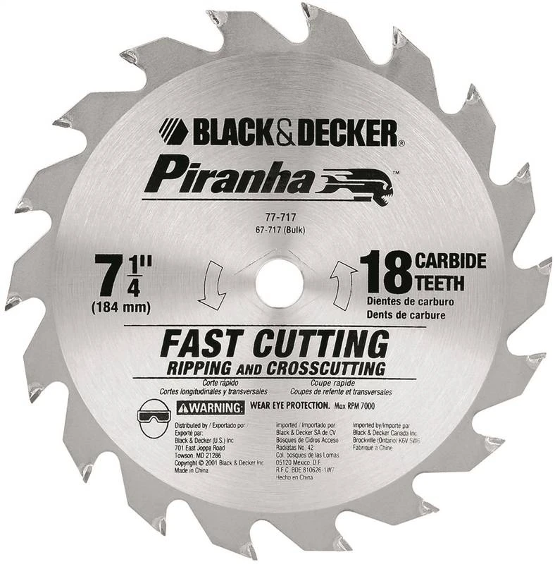 Black+decker 77-717 Piranha Circular Saw Blade, 7-1/4 In, 18 Teeth, Carbide Tip