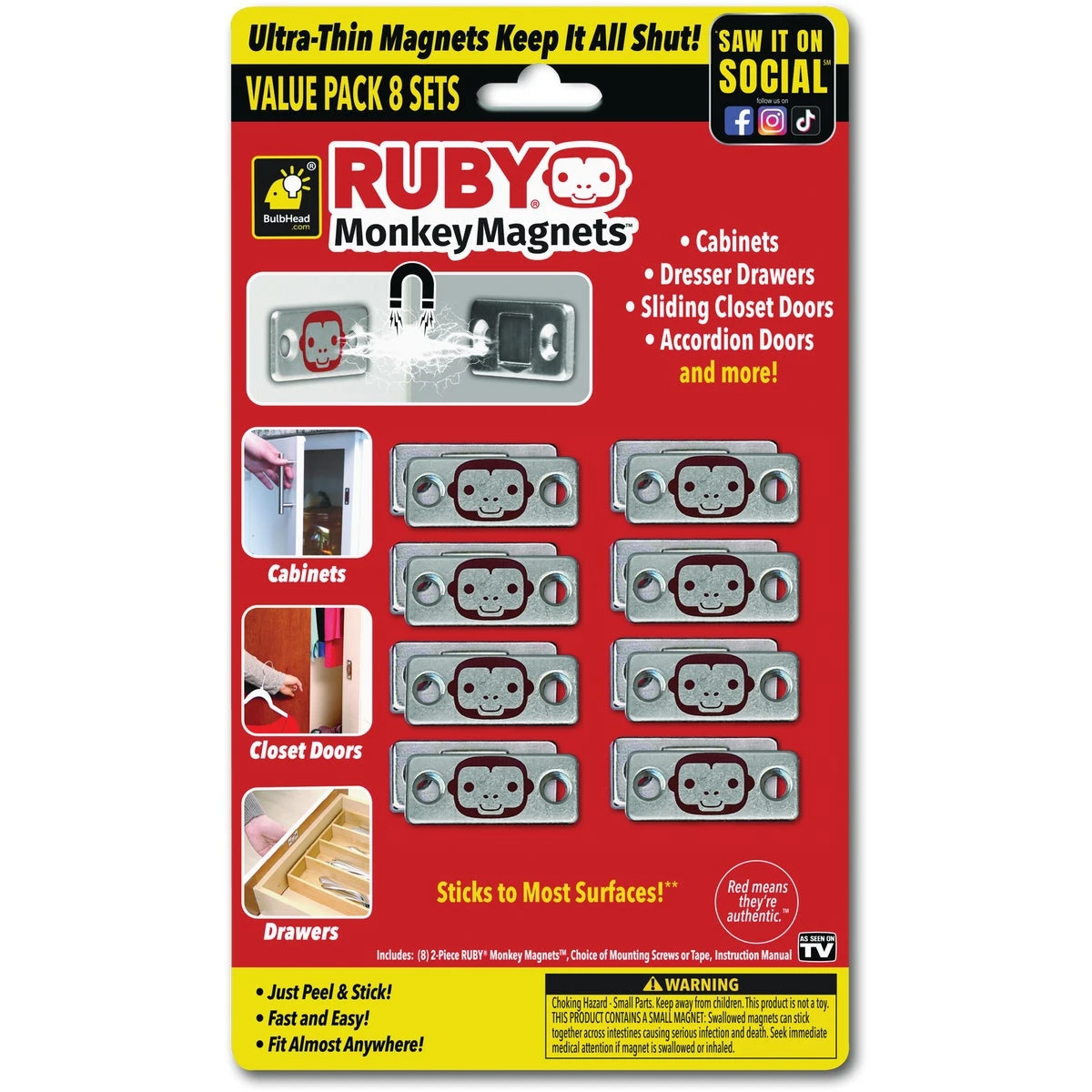 BulbHead Ruby Monkey Magnet Door & Drawer Closures 8 pk