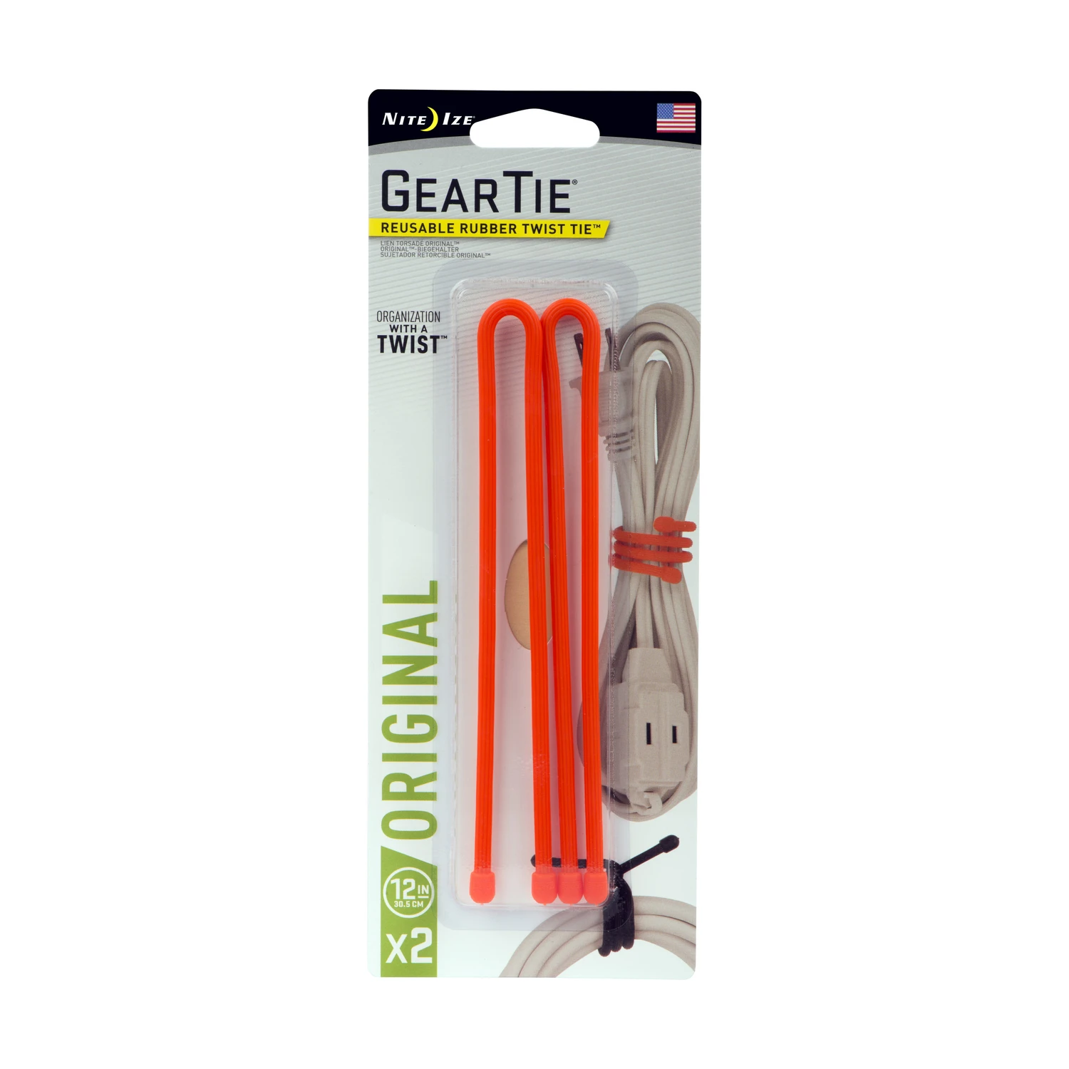 Gear Tie Reusable Rubber Twist Tie, Bright Orange, 12-In., 2-Pk.