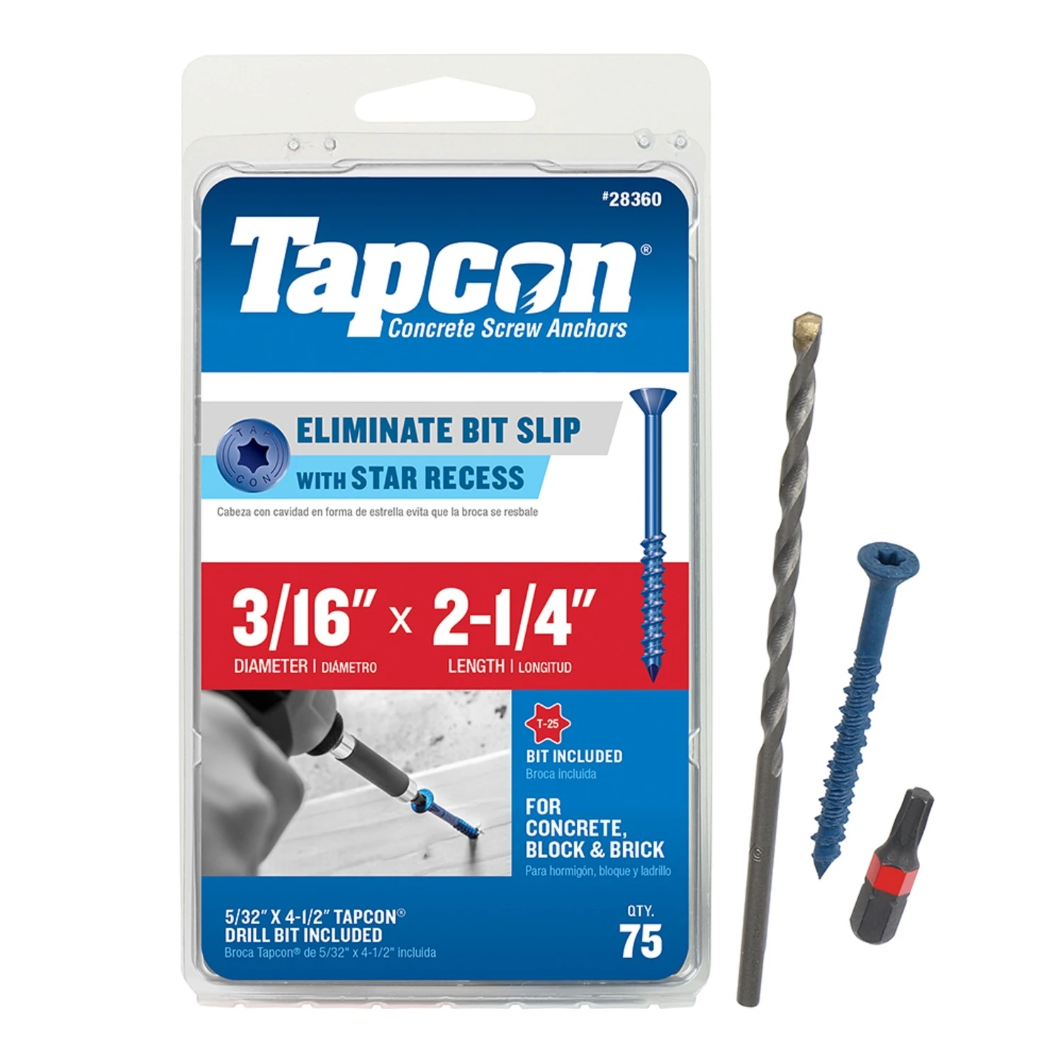 Concrete Anchors, Star Drive, 3/16 x 2-1/4 In., 75-Pk.