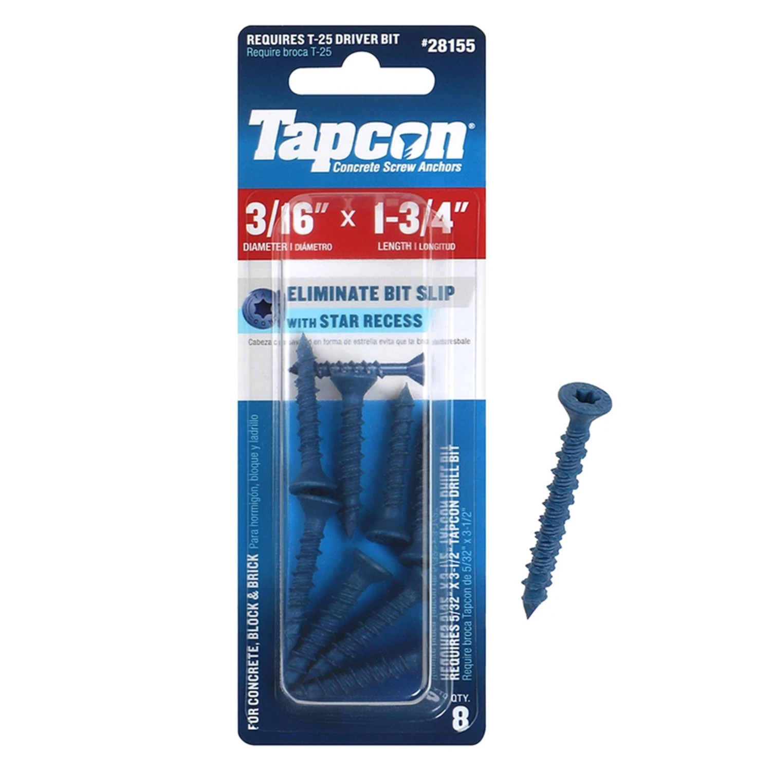 Concrete Anchors, STAR HEAD, 3/16 x 1-3/4 In., 8-Pk.