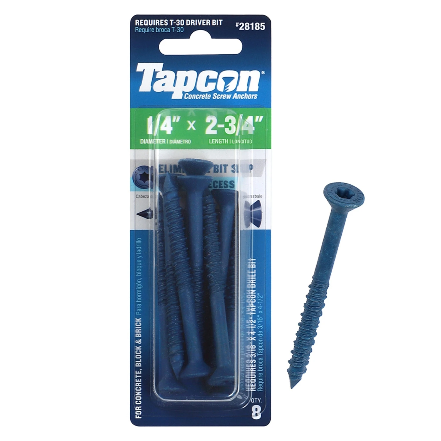 Concrete Anchors, Star Drive, 1/4 x 2-3/4 In., 8-Pk.