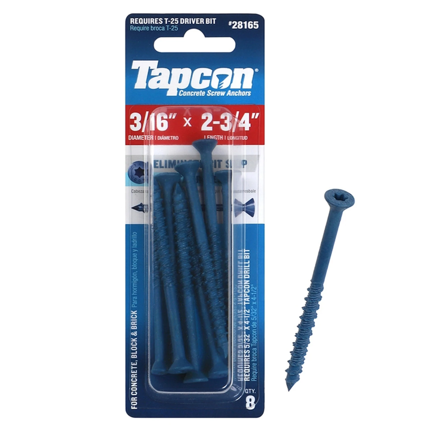 Star Drive Concrete Anchors, 3/16 x 2-3/4 In., 8-Pk.