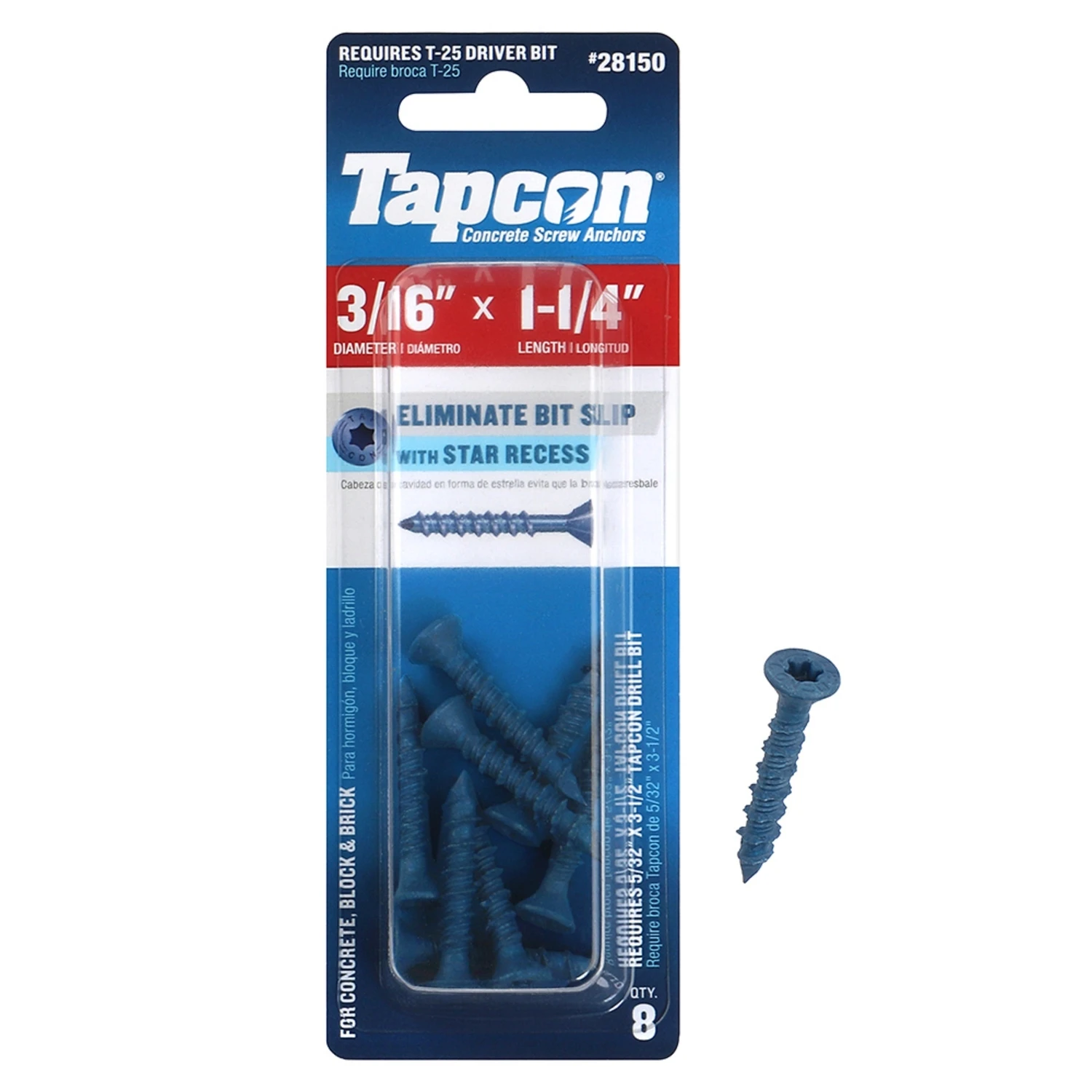 Star Drive Concrete Anchors, 3/16 x 1-1/4 In., 8-Pk.