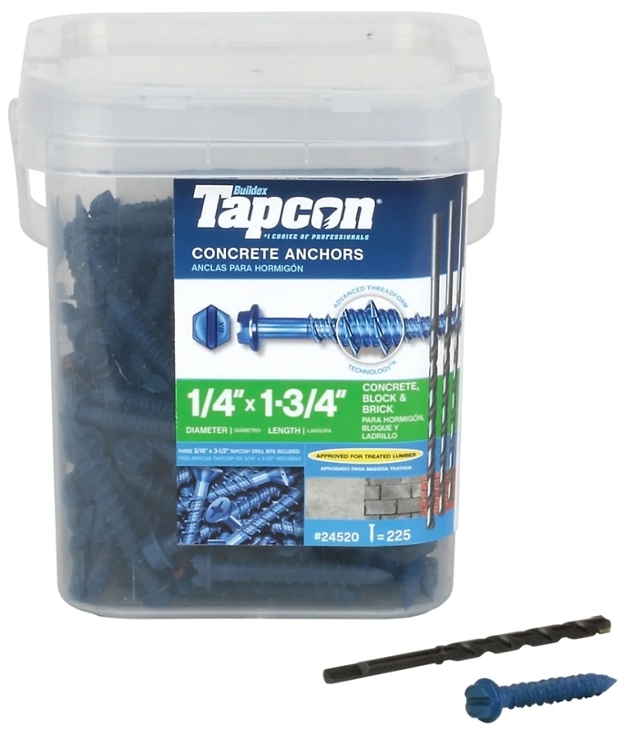 Concrete Screw Anchors, Hex Washer Head, 1/4 x 1-3/4 In., 225-Pk.