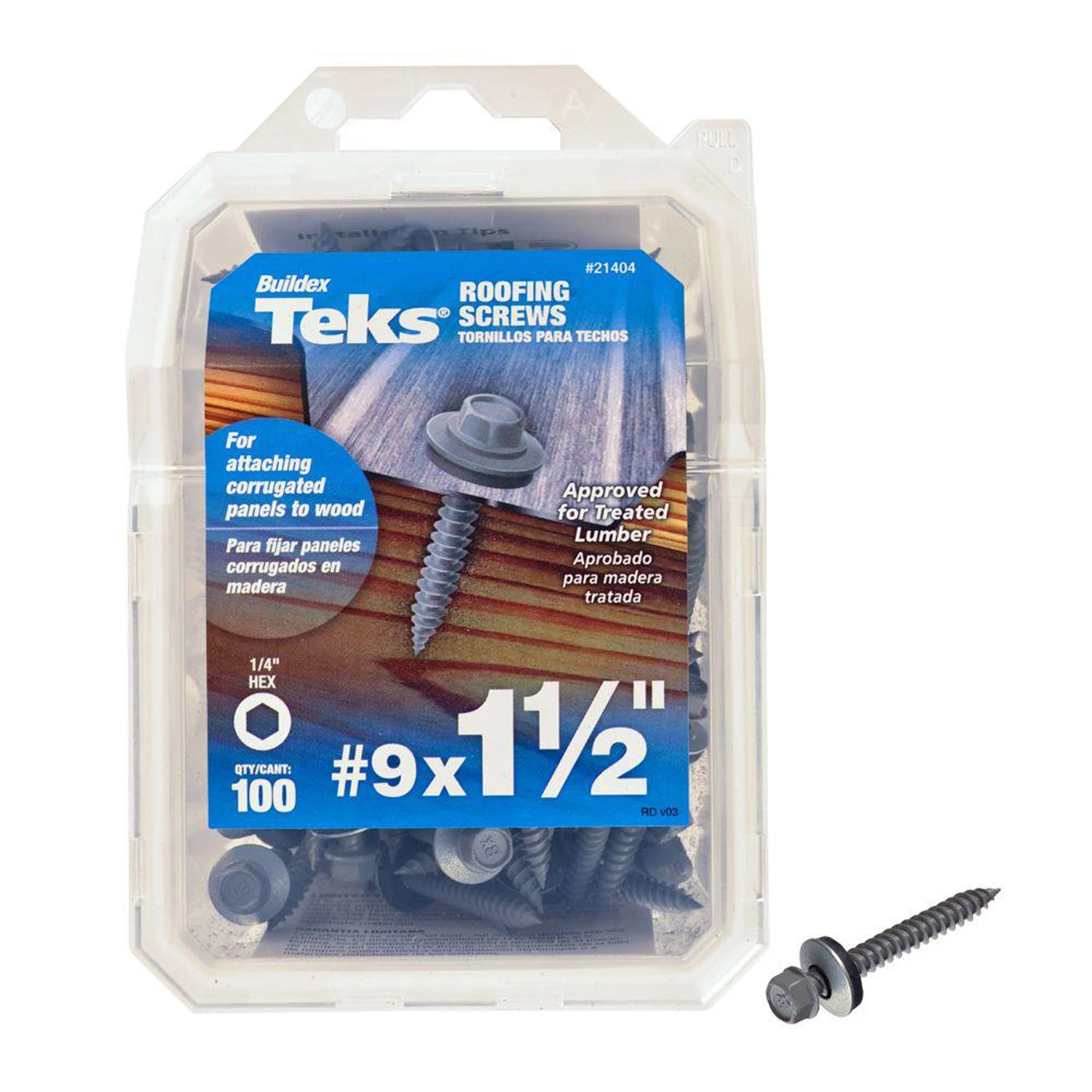 Roofing Screws, Hex Washer Head, Sharp Point, #9 x 1-1/2 In., 100-Pk.