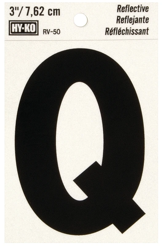 Hy-Ko RV-50/Q Reflective Letter, 2-1/2 in W x 4 in H Dimensions, Character: Q, 3 in H Character, Black Character, Vinyl