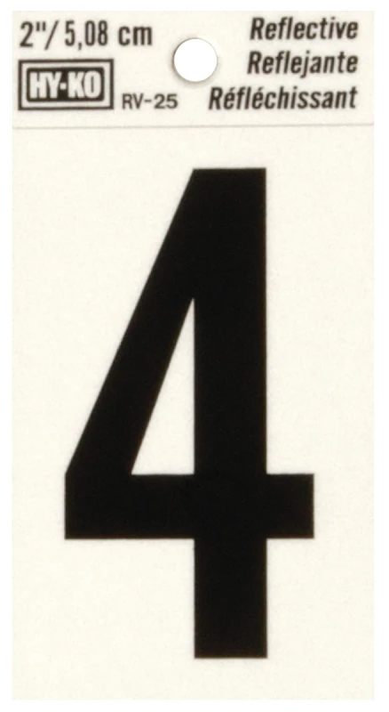 2 In. Reflective Black Vinyl Self-adhesive Number Four - Weather-resistant