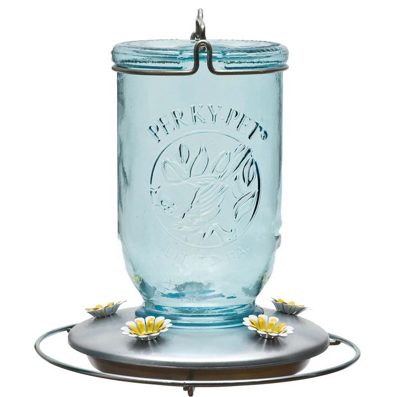 32 Oz Antique Blue Glass Mason Jar Hummingbird Feeder With 5 Ports