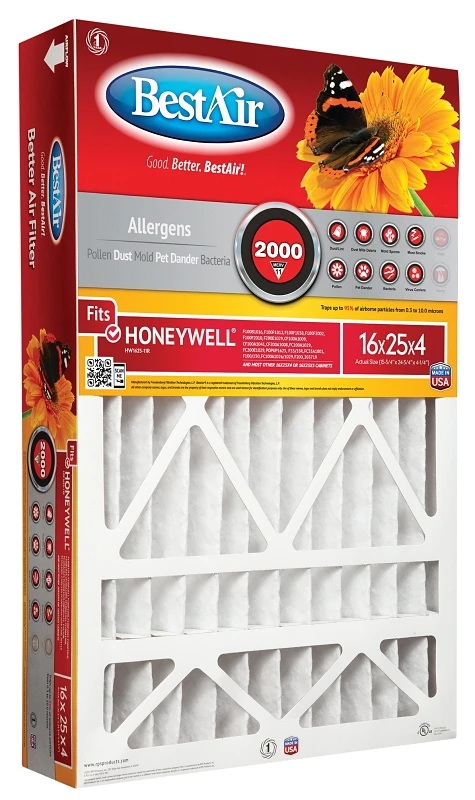16x25 x 4 In. Honeywell Pleated Air Filter, MERV 11, Electrostatically Charged, 1 Year