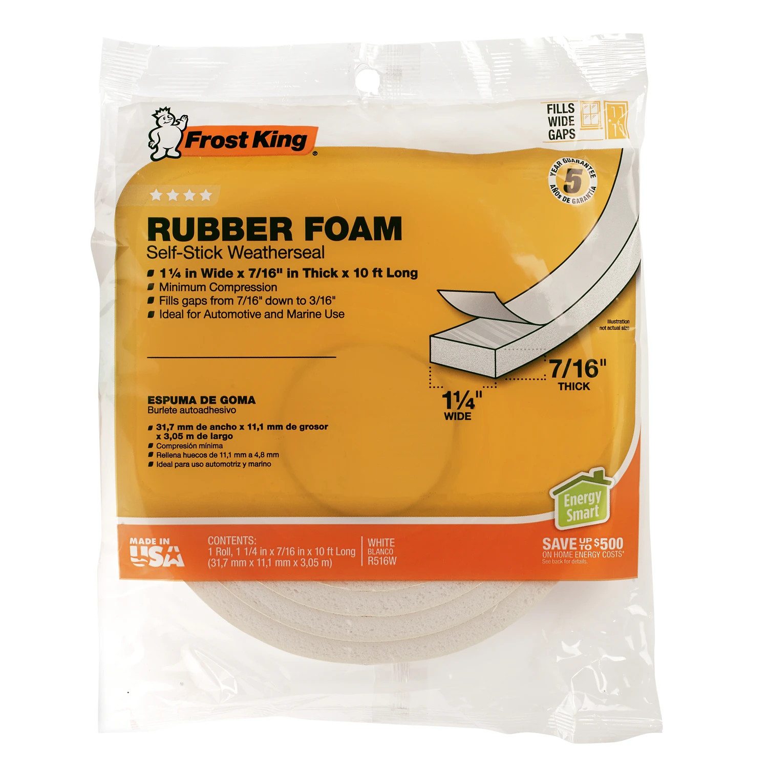 Rubber Foam Weatherseal Tape 1 and 1 Quarter Inch Wide by 7 Sixteenths Inch Thick by 10 Feet Long