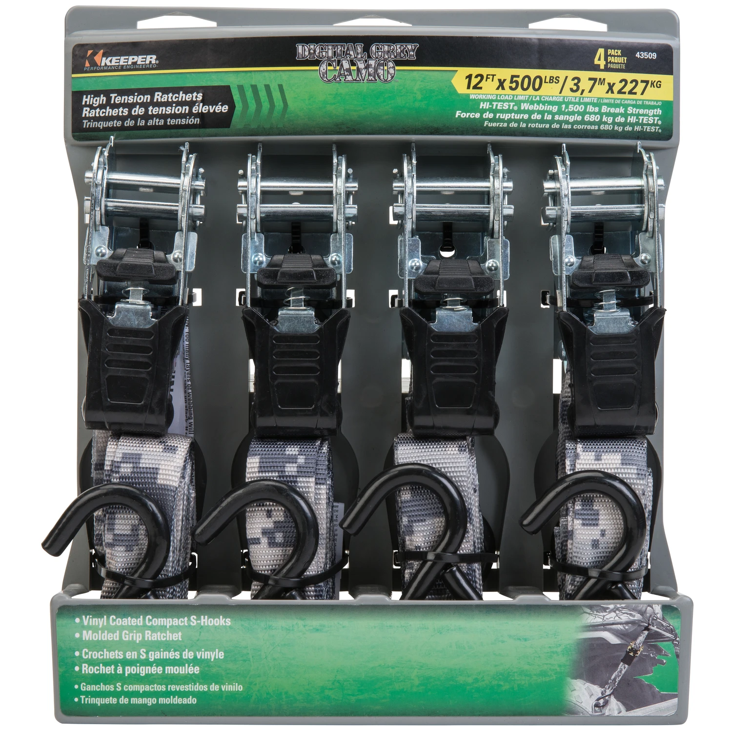 Ratchet Tie Down, Digital Gray Camo, 1 In. x 12 Ft., 4-Pk.