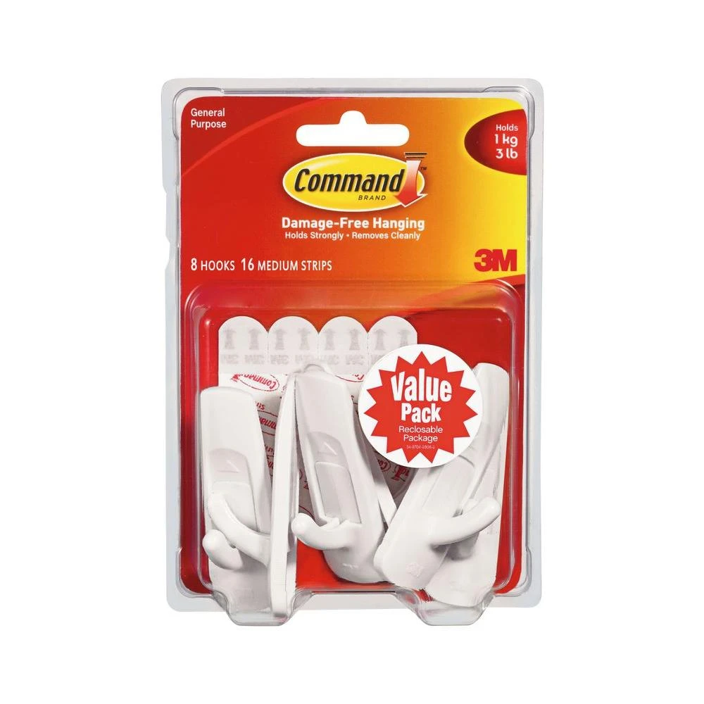Medium Hooks, White, 8 Hooks/16 Strips Value Pack