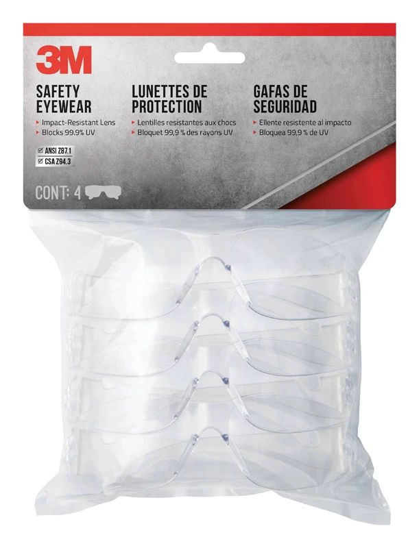 3M 90834-00000B Safety Glasses, Clear Lens, Clear Frame, Anti-Scratch Lens, Polycarbonate Lens, Wraparound Frame