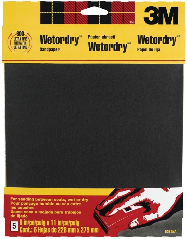 Wet/Dry Sandpaper, 600-Grit, 9 x 11 In., 5-Pk.