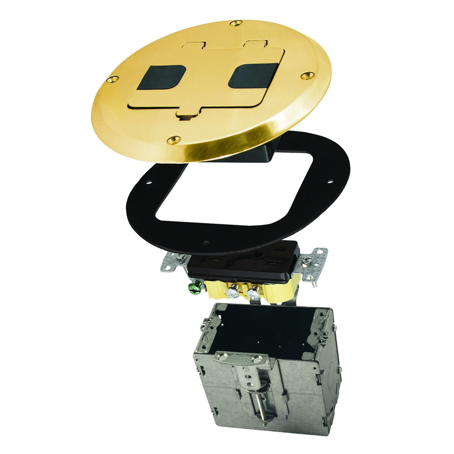 Brass Round Floor Box Outlet Kit 5.6 In. X 5.9 In. With Receptacle