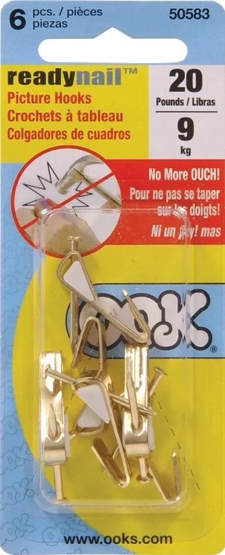 OOK ReadyNail Brass-Plated Conventional Picture Hook 20 lb 6 pk