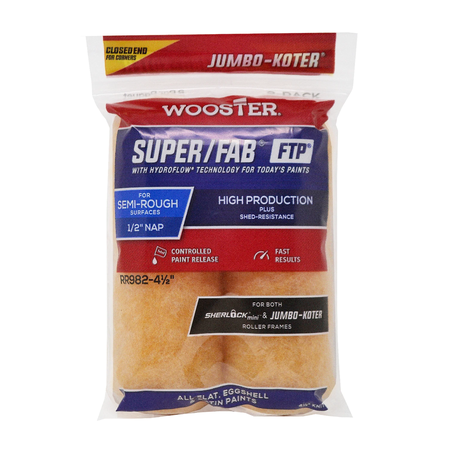 Jumbo-Koter Super Fab Paint Roller Cover, FTP, 4-In. x .5-In., 2-Pk.