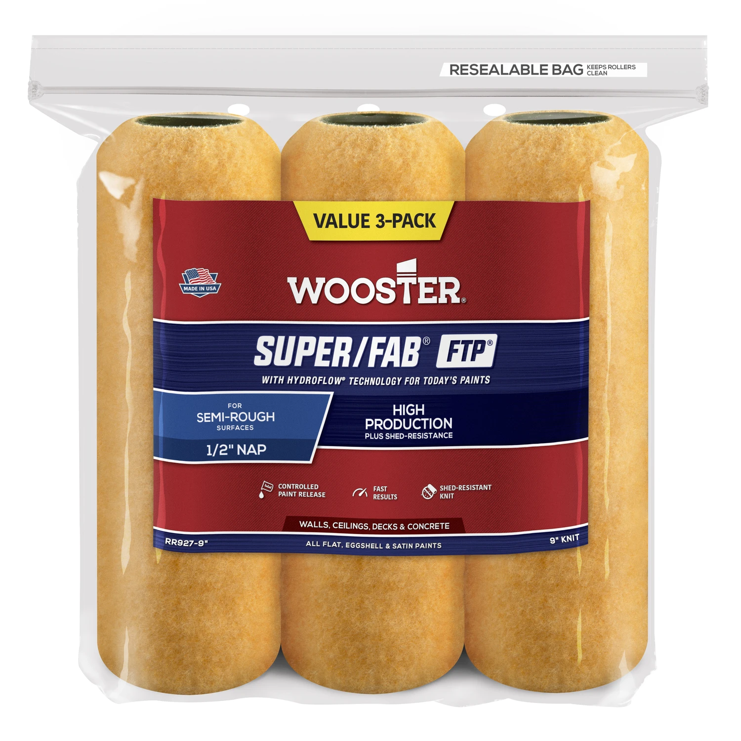 Super Fab Paint Roller Cover, Shed Resistant, 1/2-In. Nap, 9-In., 3-Pack