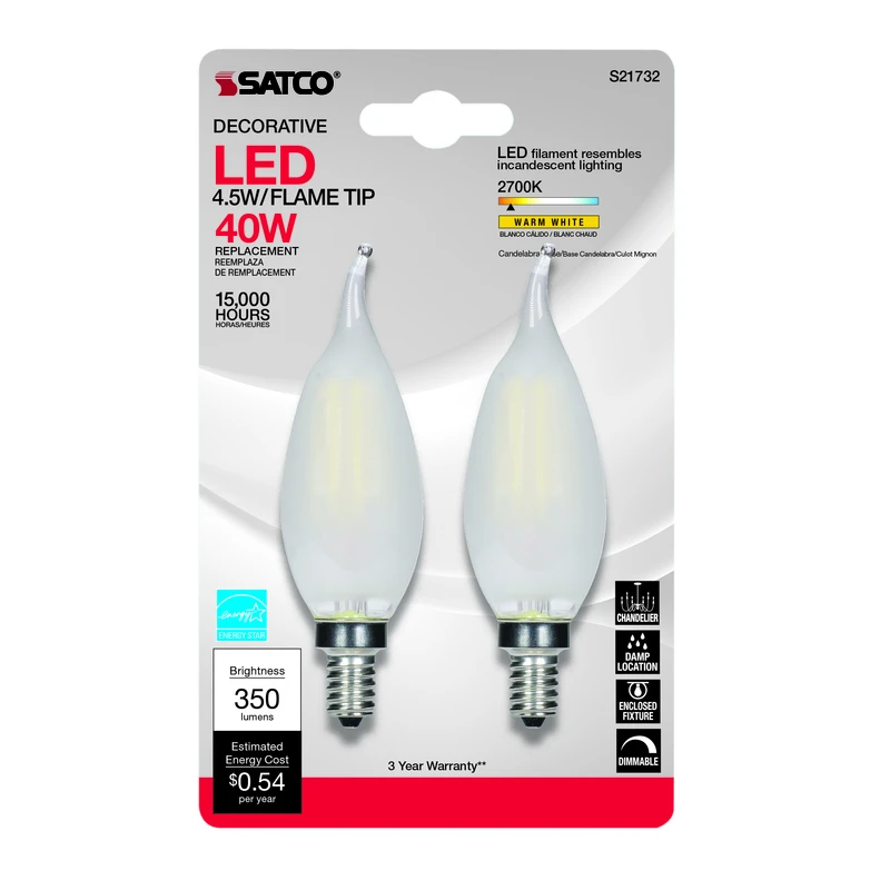 Satco CA10 (Flame Tip) E12 (Candelabra) LED Bulb Warm White 40 Watt Equivalence 2 pk