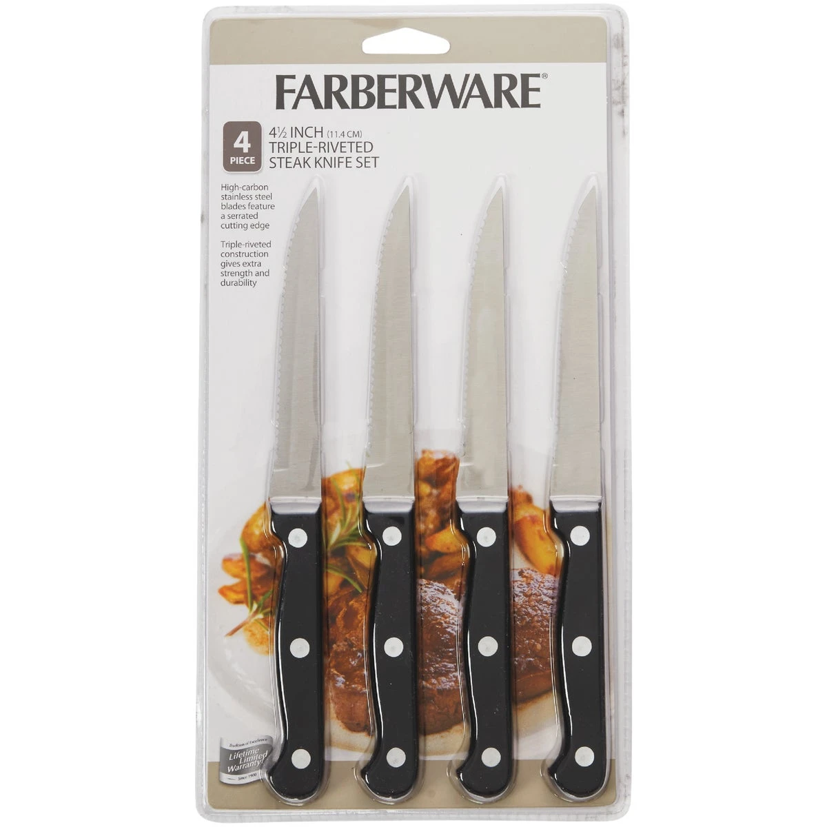 Farberware Stamped Triple Rivet Steak Knife Set (4 Piece) 5099688 - Serrated Stainless Steel Blades