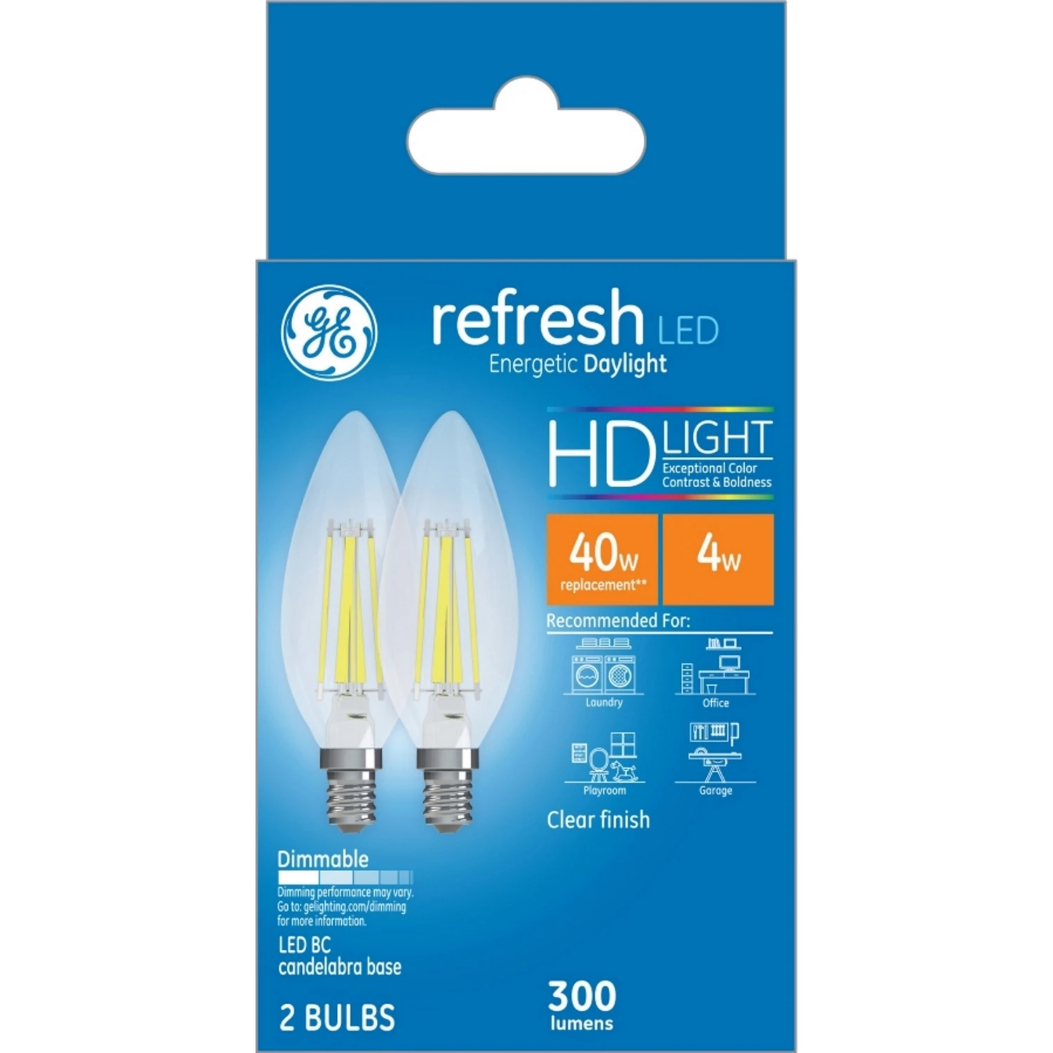 Refresh HD Decorative LED Light Bulbs, Candelabra Base, Daylight, Clear, Dimmable, 300 Lumens, 4 Watt, 2-Pk.