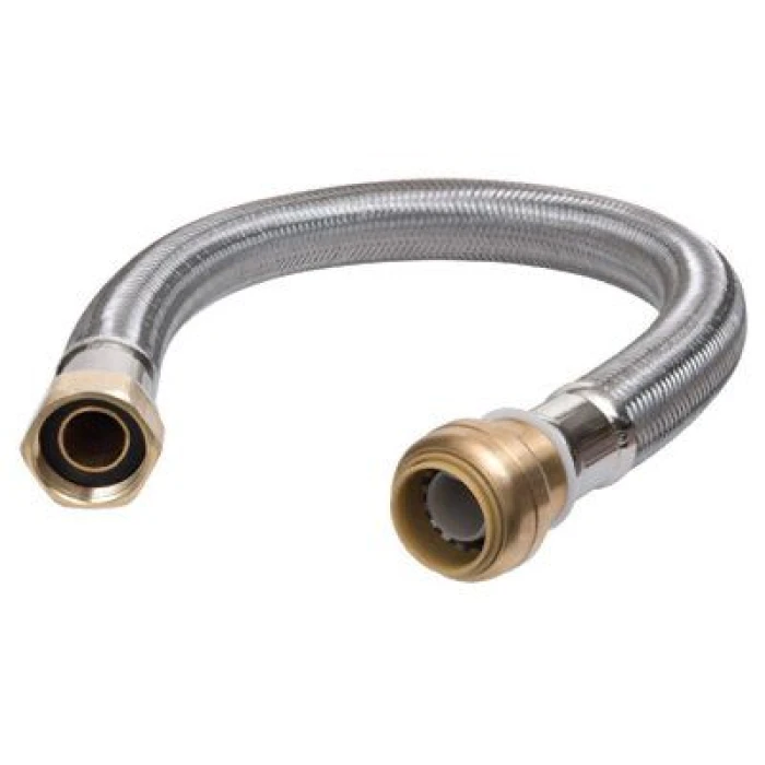 24 Inch Braided Stainless Steel Push-Fit Water Heater Connector, 3/4 Inch by 3/4 Inch Female Iron Pipe