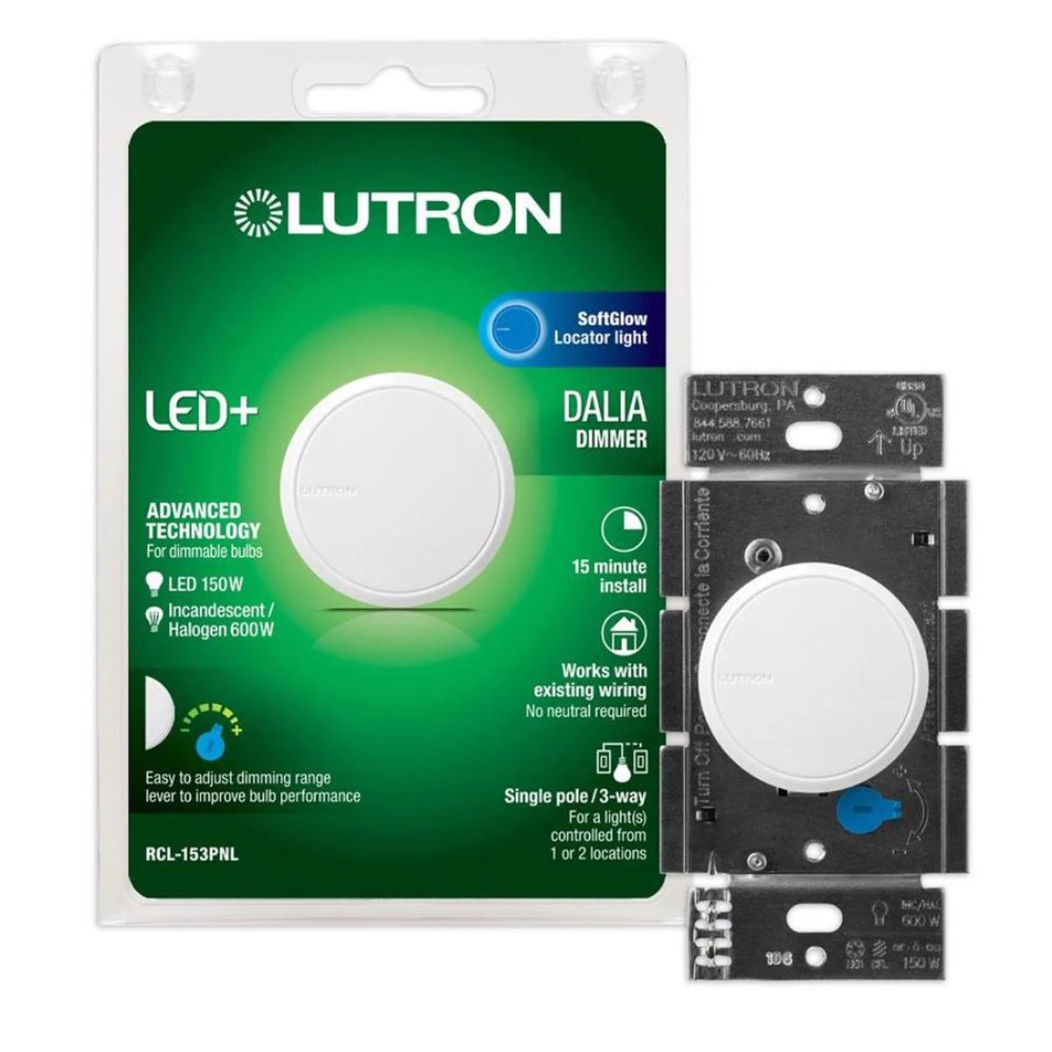 Lutron Dalia LED+ White 150W Single-Pole/3-Way LED Illuminated Rotary Light Dimmer Switch