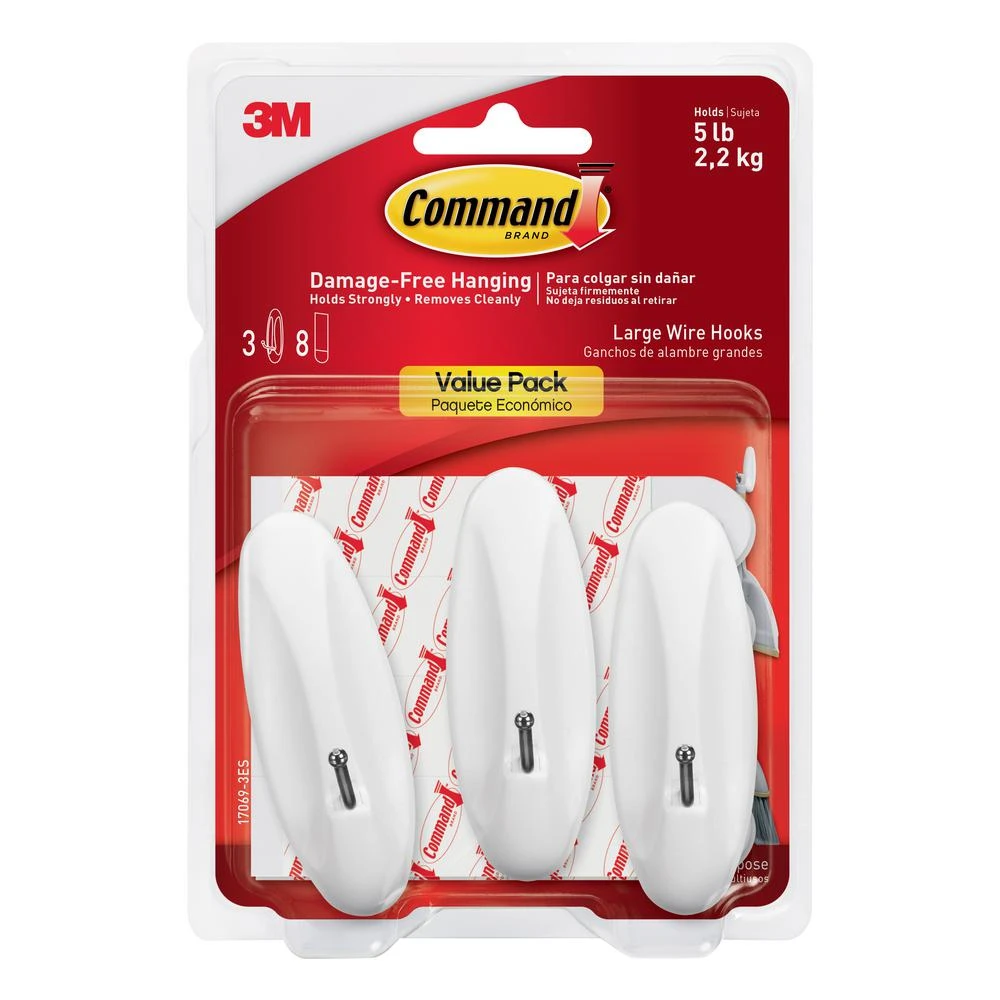 Large Wire Hooks, 3 Hooks, 8 Strips