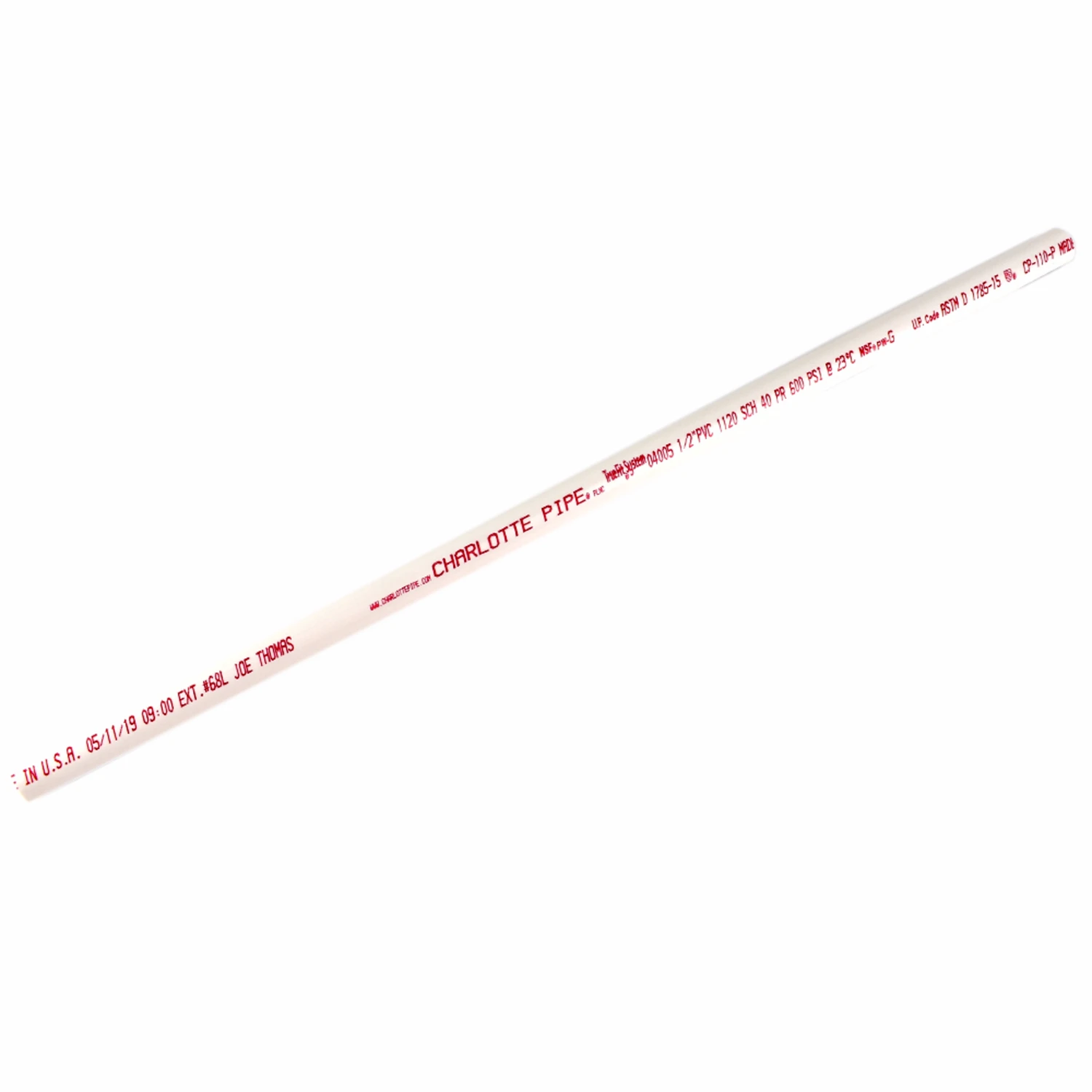 1/2 In. X 2 Ft. Schedule 40 Pvc Pressure Pipe, Plain End, 600 Psi