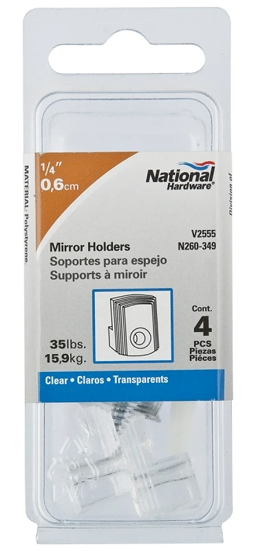 Clear Plastic Mirror Holder with 35 Pound Load Capacity and 1/4 Inch Size