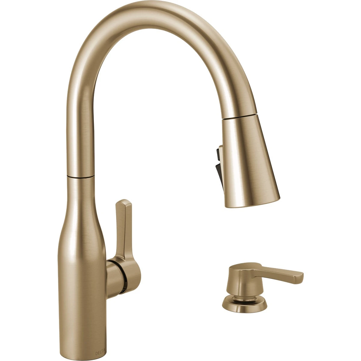Marca Single Handle Kitchen Faucet with Pull-Down Spray, ShieldSpray Technology, Soap Dispenser, Champagne Bronze Finish