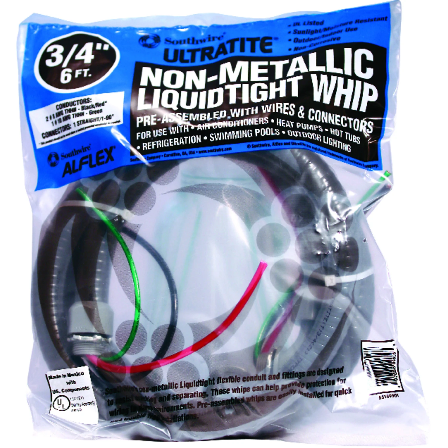6 Ft. X 3/4 In. Flexible Non-metallic Pre-wired Whip With Connectors