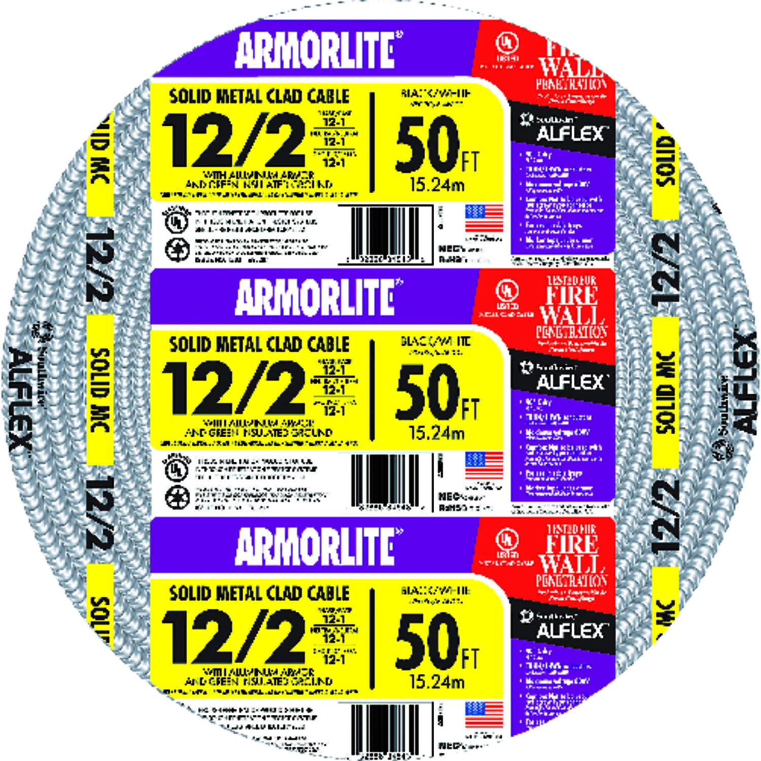 50 Ft. 12/2 Solid Aluminum Armored Mc Cable - Ul Listed