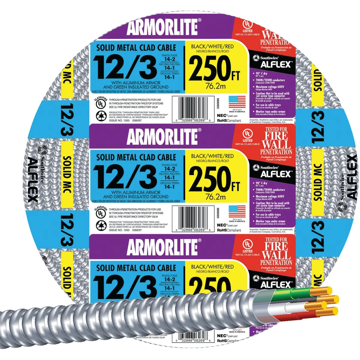 250 Ft. 12/3 Solid Aluminum Armored Mc Cable - Ul Listed