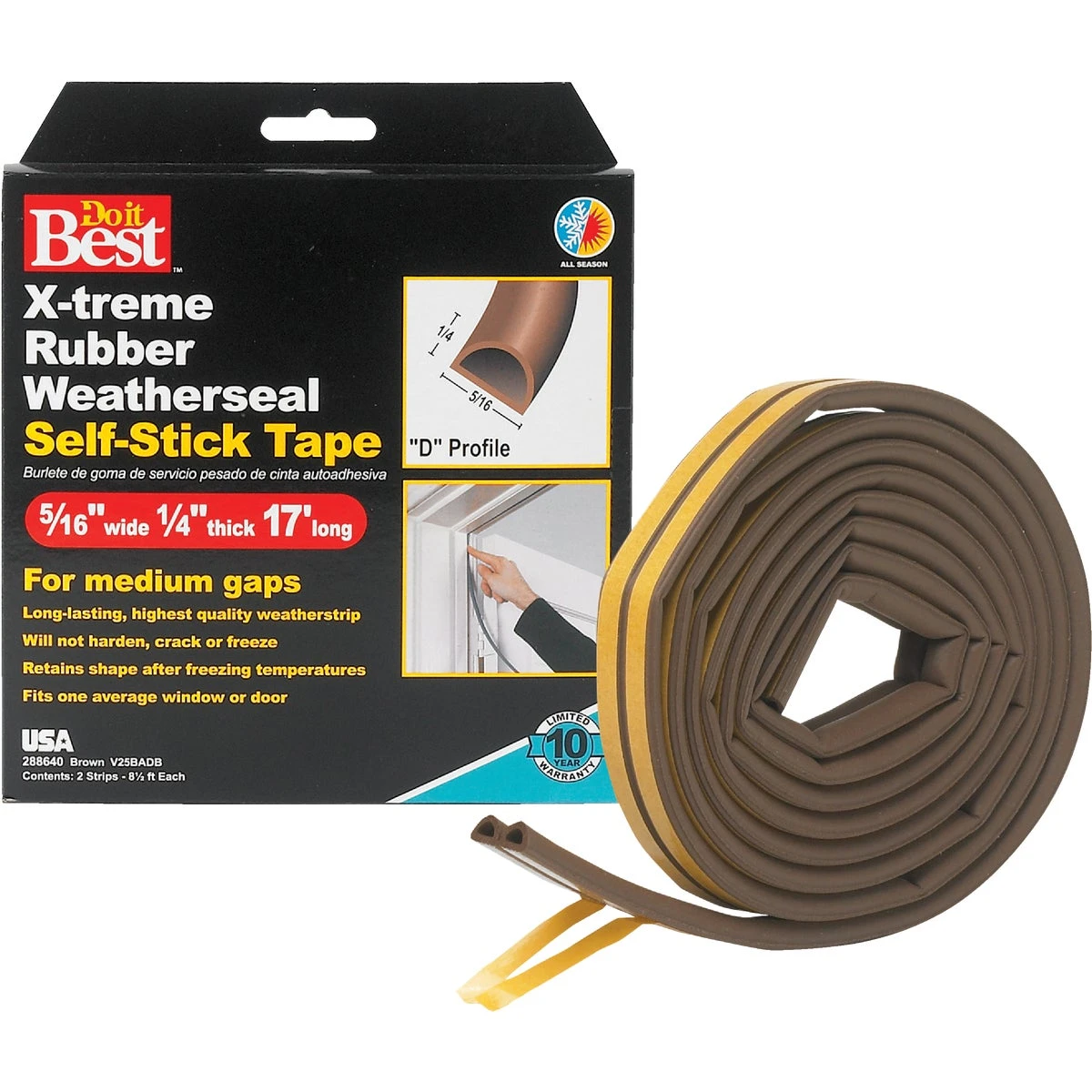Brown 17' Epdm Rubber Weatherstrip Tape, 5/16" W X 1/4" T