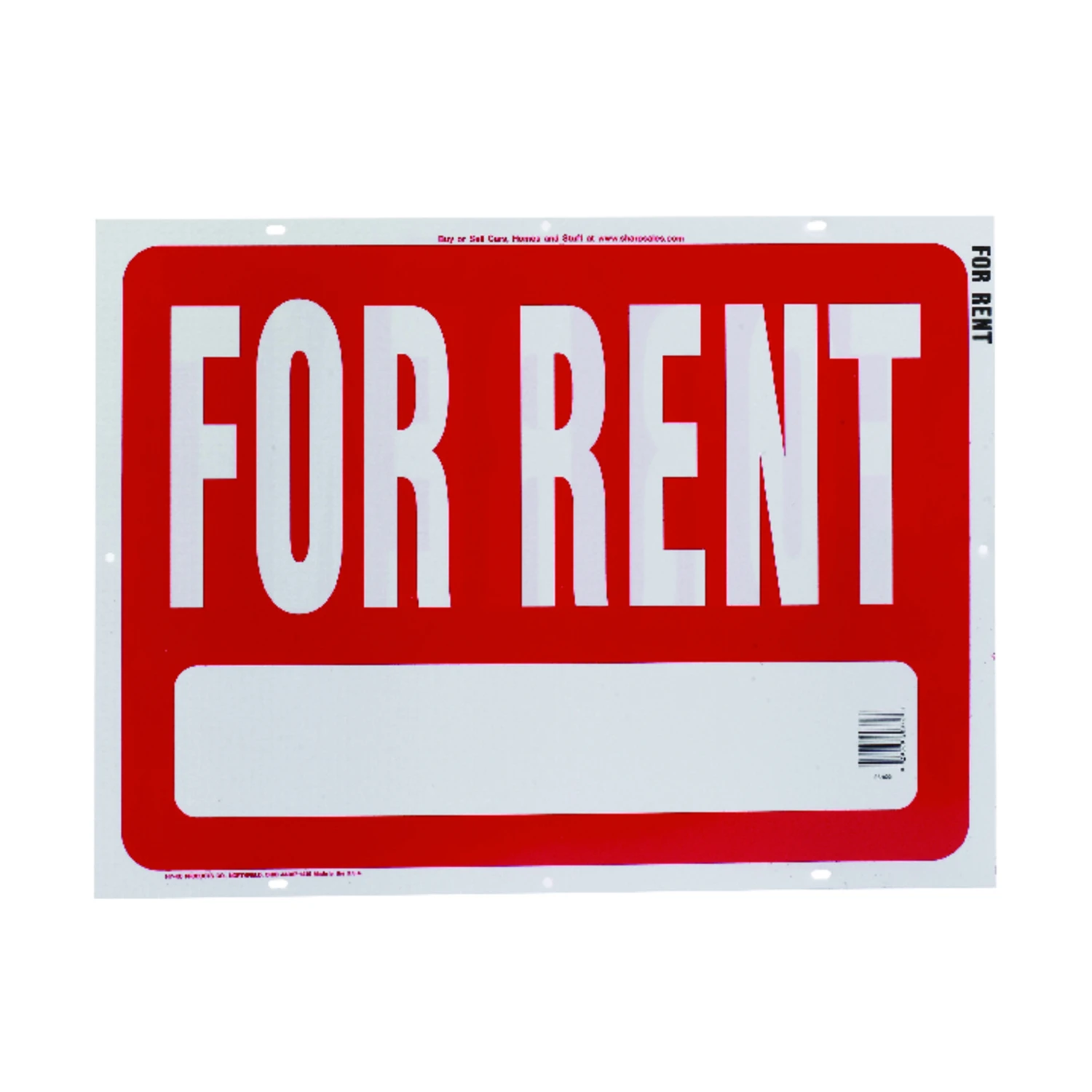 For Rent Plastic Sign, 18 In. X 24 In., Red & White