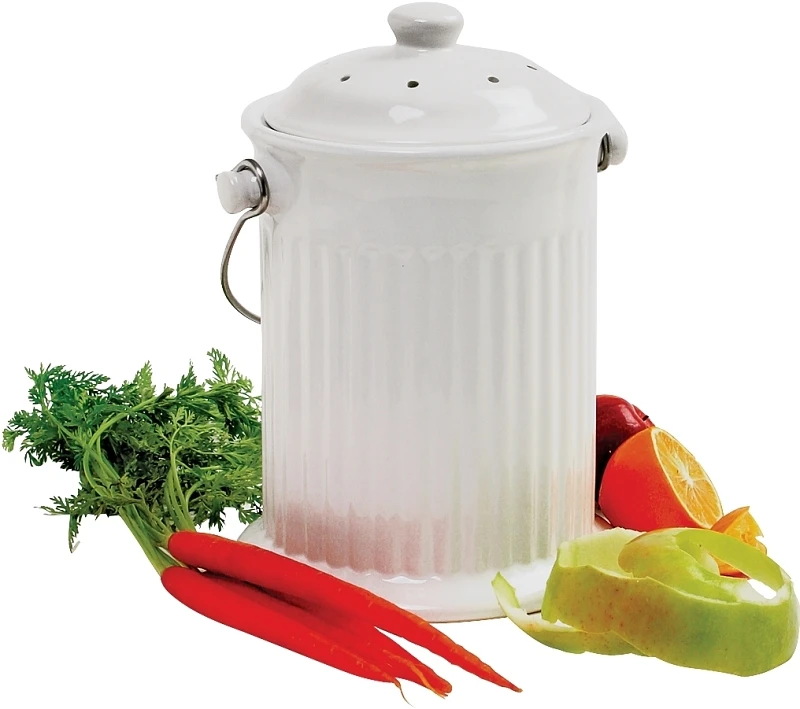 1 Gallon White Ceramic Compost Keeper With Stainless Steel Handle