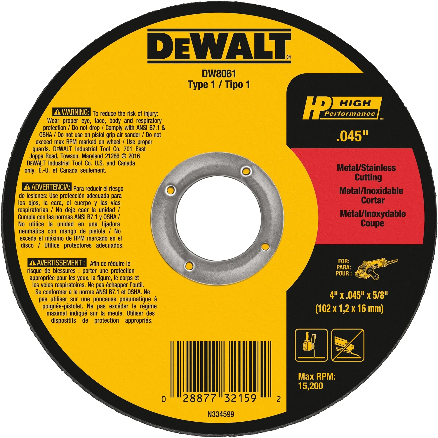 Hp Type 1 4 In. X 0.045 In. X 5/8 In. Metal Cut-off Wheel
